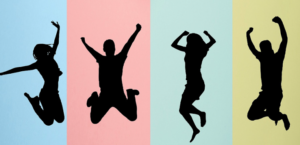 Piirretyt silhuetit hyppii ilmaan.